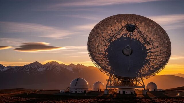 massive radio telescope stands against vibrant sunset over snow-capped mountains Lenticular clouds hover above while smaller domed observatories dot the golden-lit foreground