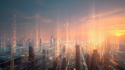 Futuristic Smart City Skyline with Digital Light Grid at Sunset