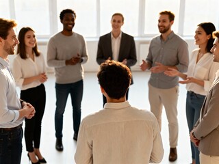 Diverse team in business-casual attire holds a stand-up meeting in a bright studio—collaboration, leadership and company culture.
