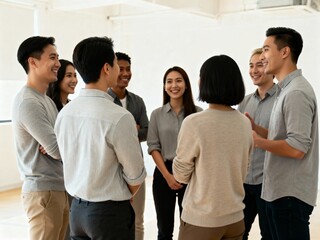 Diverse team in business-casual attire holds a stand-up meeting in a bright studio—collaboration, leadership and company culture.
