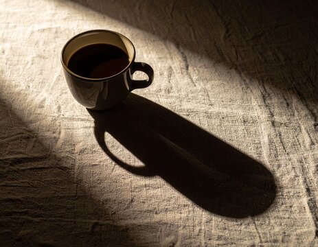 A minimalist shot of a dark coffee mug casting a dramatic, elongated shadow across a textured light-colored fabric surface, creating a moody and artistic composition