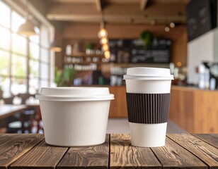 Blank white paper coffee cup with a black sleeve and an open white takeout food container sitting on a rustic wooden table in a blurred cafe background. Ideal for food and beverage mockups