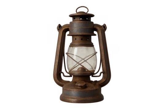 Old rusty antique oil lantern with transparent background