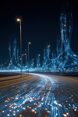 Futuristic Night Promenade with Glowing Blue Circuit Lights