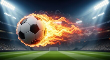 Naklejka premium Flaming soccer ball in motion against a stadium background 