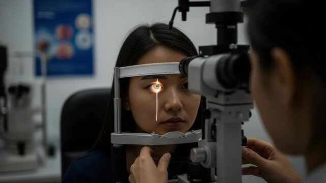 young Asian woman undergoes an eye examination with slit lamp machine visible light beam illuminating her eye as medical professional operates the equipment Clinical setting