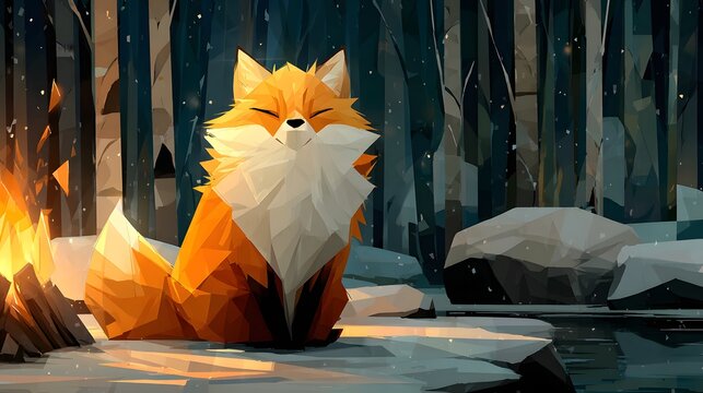 Charming illustration of a stylized fox with vibrant orange fur, a fluffy white chest, and closed eyes, peacefully seated near a crackling campfire in a wintry forest.