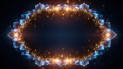 Abstract glowing oval frame with blue and gold sparkling effects, dark blue background