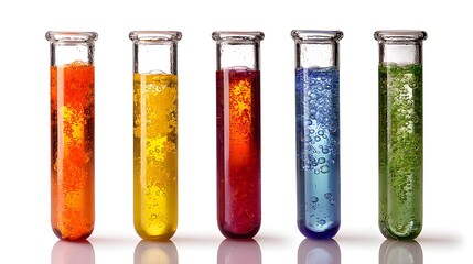 Fototapeta premium Five glass test tubes with colorful liquids create a vibrant visual, each containing different shades of orange, yellow, red, blue, and green with bubbles inside, set against a clean white background.