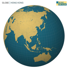 Vector Globe centered to Hong Kong. Sky Blue Light Yellow palette. World map with meridians, parallels, countries, rivers and lakes. Captivating vector illustration.