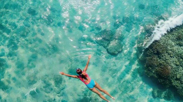 aerial view shows person in pink and blue swimsuit and goggles floating spread-eagled in crystal-clear turquoise ocean water over coral reef with visible rock formations