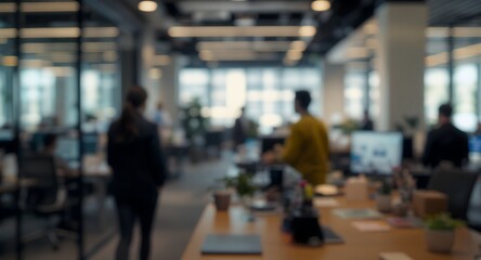 Obraz premium A blurred view of a modern office environment with workers and workstations