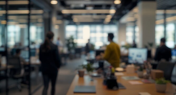 A blurred view of a modern office environment with workers and workstations