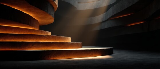 Stunning Abstract Interior with Dramatic Lighting and Textured Walls Featuring a Series of Circular Steps in a Dimly Lit Space
