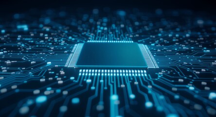 A high-tech digital circuit board with central processor unit, integrated circuit, glowing with blue light