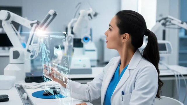 female medical professional in lab coat interacts with transparent holographic display showing anatomical data charts and graphs Robotic arms and advanced equipment fill the modern lab background