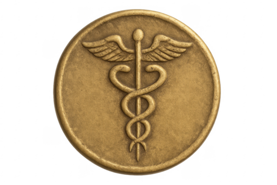 Caduceus medical symbol on gold medallion transparent background