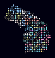 Michigan, shape of the state build of colored cells. Digital style map of the Michigan on dark background. Large size circle blocks. Amazing vector illustration.