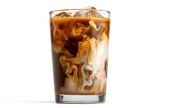 Refreshing beverage featuring a tall glass filled with iced coffee, showcasing a swirl of cream creating an elegant, creamy texture against the dark coffee, all set against a clean white background.
