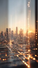 Golden Hour Digital Skyline with Flowing Data Streams