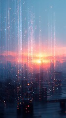 Futuristic City Skyline Illuminated by Sunset Data Streams