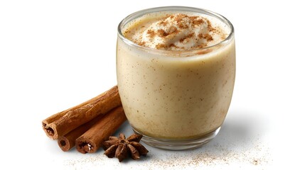 Refreshing beverage served in a clear glass, featuring creamy contents dusted with cinnamon and topped with a dollop of cream, complemented by cinnamon sticks and an anise star against a bright,...