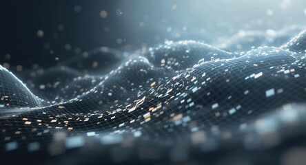 Abstract Digital Mesh with Glowing Particles and Musical Notes