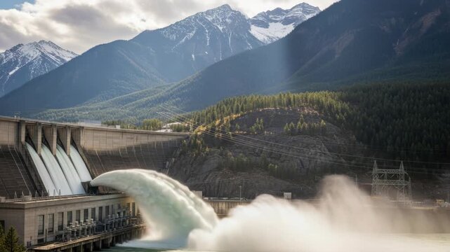 massive hydroelectric dam releases torrents of water from multiple gates and large outlet creating mist Snow-capped mountains evergreen forests and power lines frame the scene