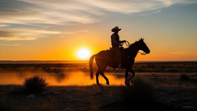 solitary cowboy on horseback silhouetted against brilliant orange sunset Dust swirls around the horses hooves on the vast sparse plain dramatic warm and iconic western vista