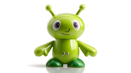 Brightly colored green toy alien character with large eyes, antennae, and a smiling expression, depicted on a clean white background.