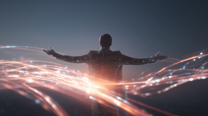 Businessman Surrounded by Dynamic Digital Energy Flow Outdoors