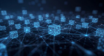 Abstract network of interconnected glowing cubes for data communication