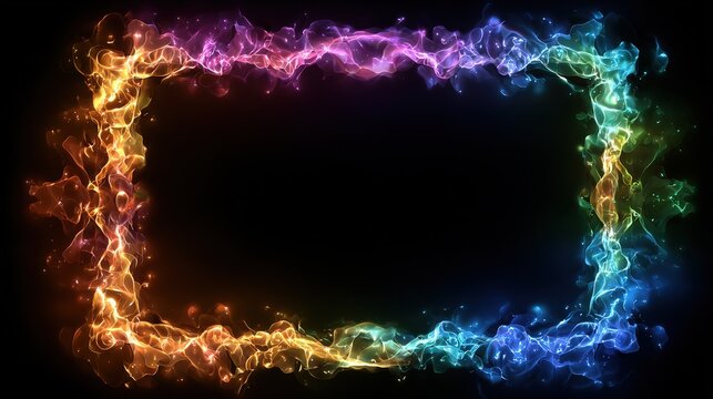 A rectangular frame of colorful smoke swirls against black, with gradients and subtle sparkly effects - Powered by Adobe