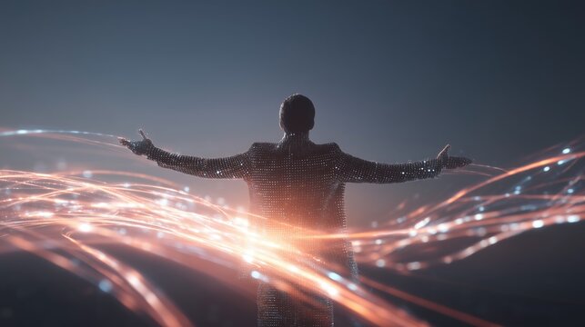 Businessman Surrounded by Dynamic Digital Energy Flow Outdoors