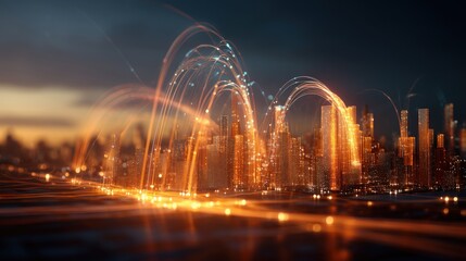 Futuristic City Skyline at Sunset with Glowing Data Streams