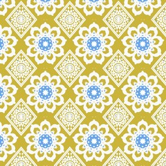 Elegant Thai-inspired floral geometric pattern in gold and blue tones. Perfect for traditional fabric design, wallpaper, background, packaging, and modern decorative art.