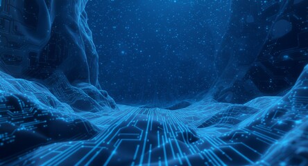 Abstract Technology Landscape with Circuitry and Glowing Particles