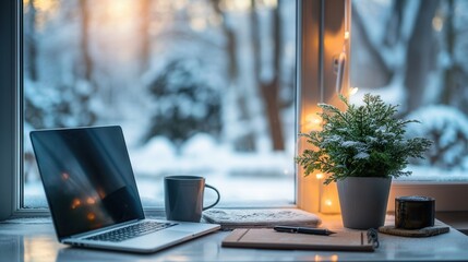 A cozy home office scene with a laptop, a coffee mug, and a potted plant on a desk. Snowy landscape visible through the window, creating a winter atmosphere.