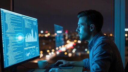 man works late at computer illuminated by the screen displaying lines of code graphs and data He types and uses mouse overlooking vibrant blurred city skyline at night with mug nearby