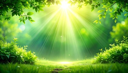 A beautiful nature scene, sunbeams through the trees, green, vibrant and fresh