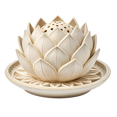 Cream Ceramic Lotus Flower Incense Holder with Plate on White Background decorative