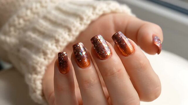 Close-up of a womans hand with autumn-themed glitter nail polish and a cozy knitted sweater.