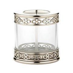 Cylindrical Glass Container with Silver Metal Bands and Decorative Accents clear transparent