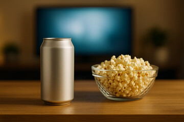 A silver soda can and a bowl of popcorn sit on a wooden table in front of a television screen, perfect for a movie night
