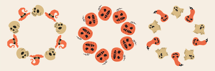 Set collection of Halloween wreaths boarder round frames of pumpkins, witch hat, ghost and skull