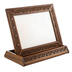 Dark Wood Tabletop Mirror with Ornate Carved Frame and Decorative Base ornate design