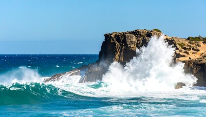Powerful waves crashing against a rocky shore