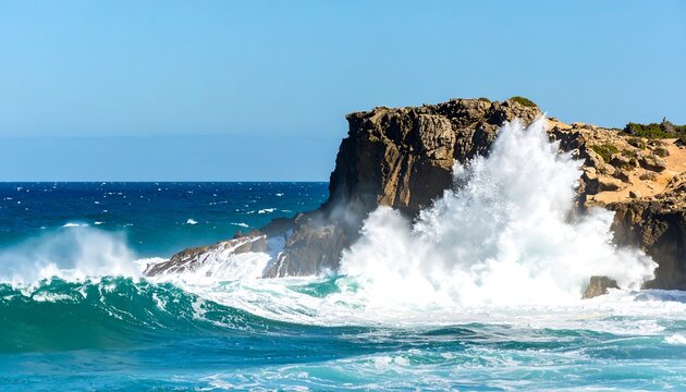 Powerful waves crashing against a rocky shore