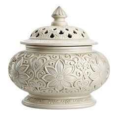 Detailed Carved Ivory Ceramic Urn with Perforated Lid and Daisy Motifs ornate