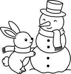 Cartoon Line Art Rabbit with a Snowman Illustration